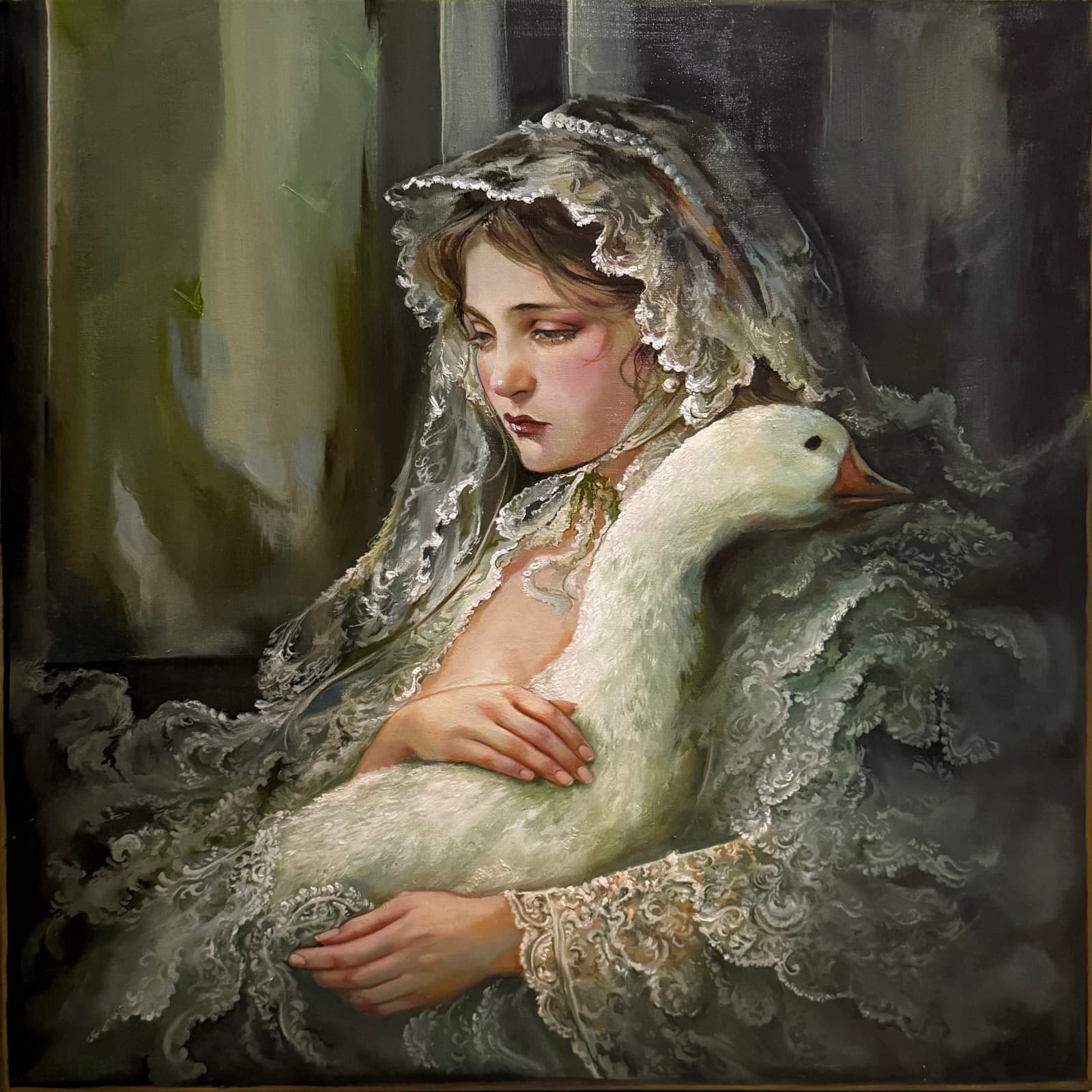 Painting of a woman in an intricate lace veil holding a white bird, in muted green and ivory.